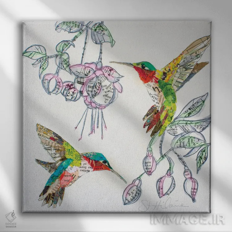 تابلو مرغان مُگسخوار و شکوفهها II (پرنده) اثر الیزابت سن هیلر - نمای روبهرو روی دیوار