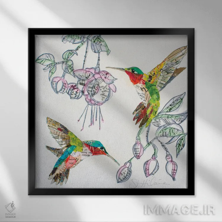 تابلو مرغان مُگسخوار و شکوفهها II (پرنده) اثر الیزابت سن هیلر - نمای قابدار مشکی