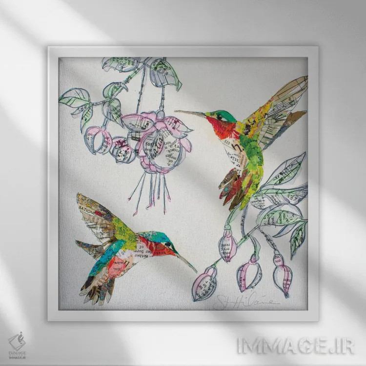 تابلو مرغان مُگسخوار و شکوفهها II (پرنده) اثر الیزابت سن هیلر - نمای قابدار سفید