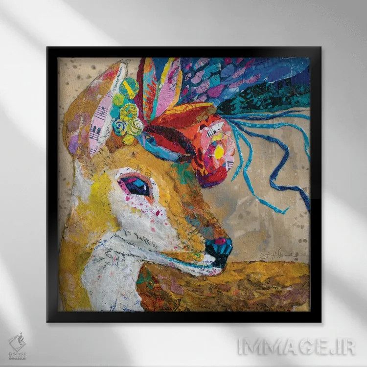 تابلو گوزن گلآراییشده اثر الیزابت سن هیلر - نمای قابدار مشکی