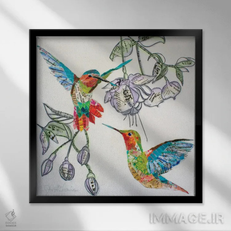 تابلو مرغان مُگسخوار و شکوفهها I (پرنده) اثر الیزابت سن هیلر - نمای قابدار مشکی