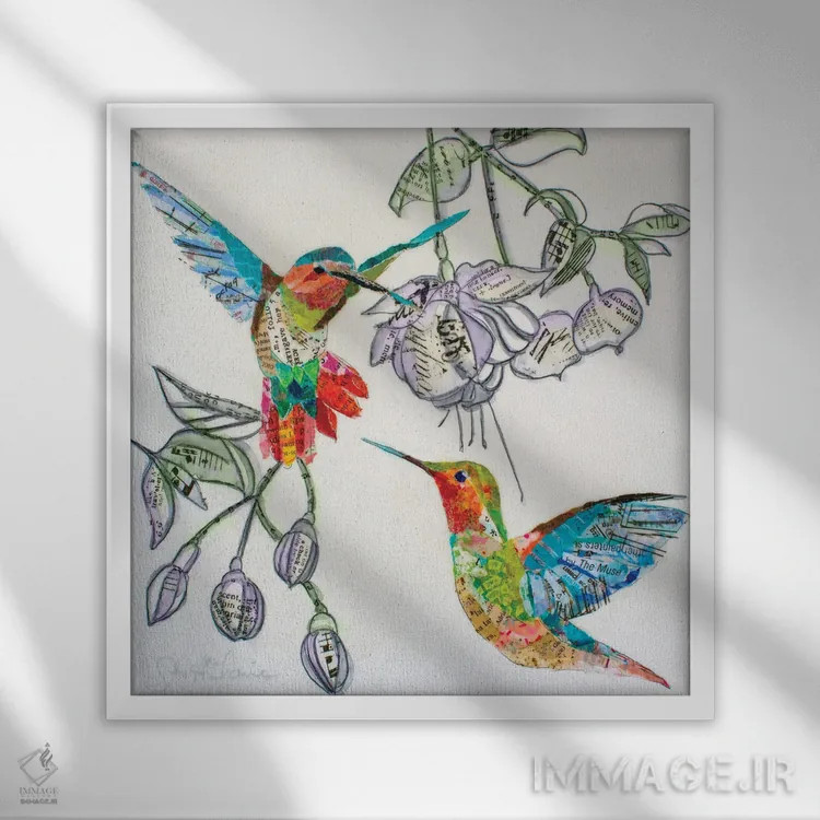 تابلو مرغان مُگسخوار و شکوفهها I (پرنده) اثر الیزابت سن هیلر - نمای قابدار سفید