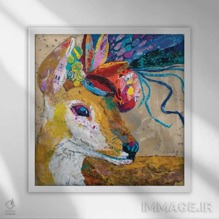 تابلو گوزن گلآراییشده اثر الیزابت سن هیلر - نمای قابدار سفید