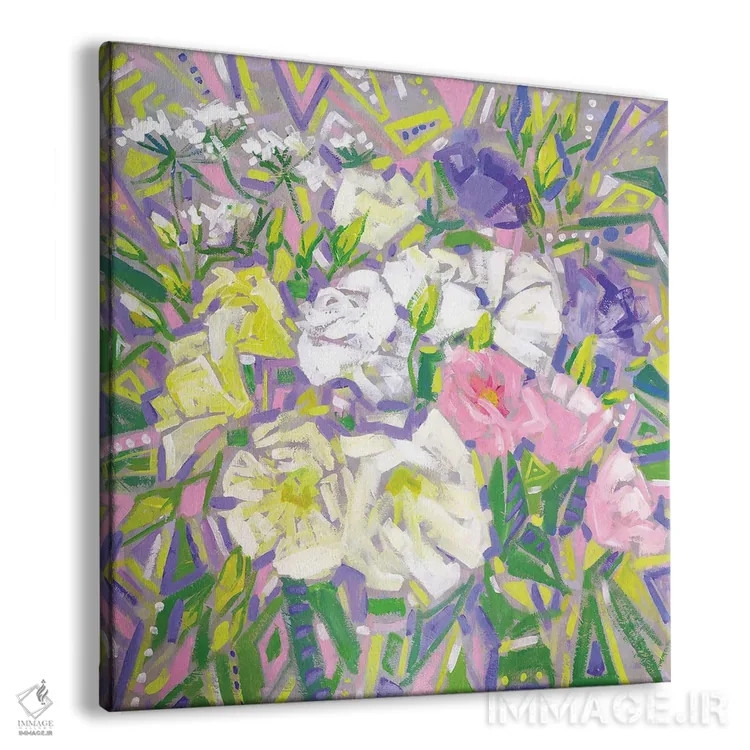 تابلو انتزاع گلهای سبز و بنفش اثر اکاترینا پریسیچ - نمای پرسپکتیو محصول