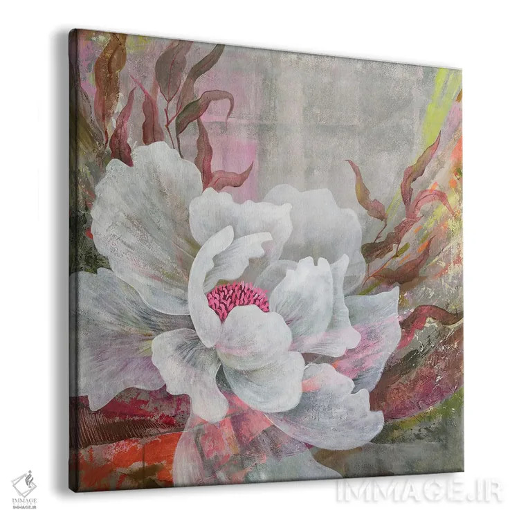 تابلو گل صدتومانی سفید روی زمینهٔ انتزاعی اثر اکاترینا پریسیچ - نمای پرسپکتیو محصول