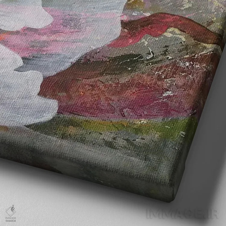 تابلو گل صدتومانی سفید روی زمینهٔ انتزاعی اثر اکاترینا پریسیچ - نمای نزدیک بافت بوم