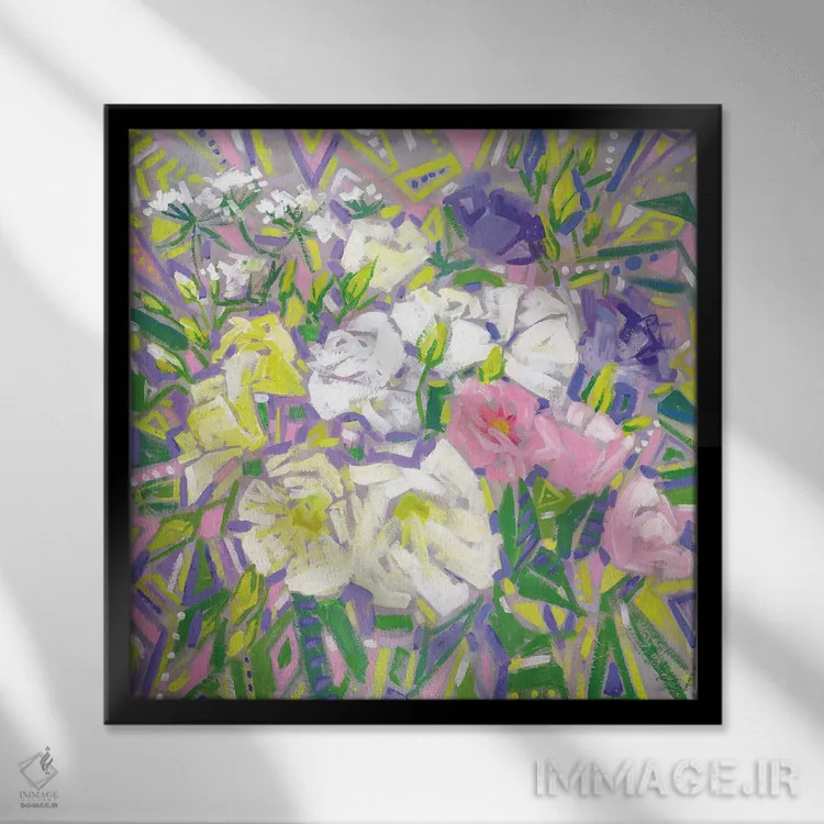 تابلو انتزاع گلهای سبز و بنفش اثر اکاترینا پریسیچ - نمای قابدار مشکی