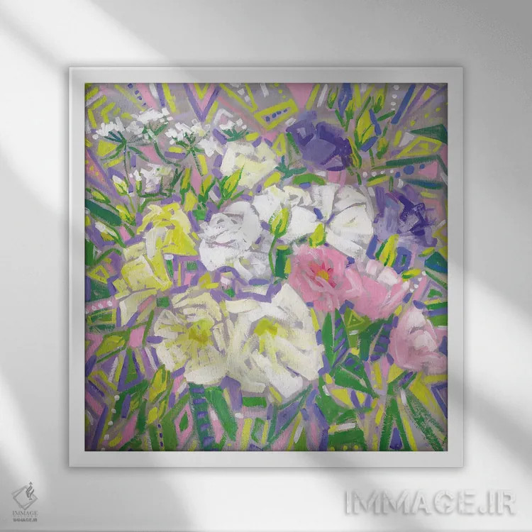 تابلو انتزاع گلهای سبز و بنفش اثر اکاترینا پریسیچ - نمای قابدار سفید