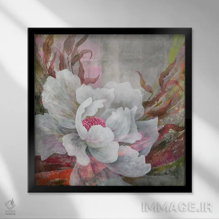 تابلو گل صدتومانی سفید روی زمینهٔ انتزاعی اثر اکاترینا پریسیچ - نمای قابدار مشکی