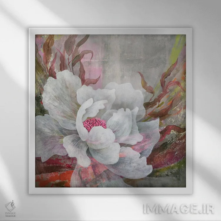 تابلو گل صدتومانی سفید روی زمینهٔ انتزاعی اثر اکاترینا پریسیچ - نمای قابدار سفید