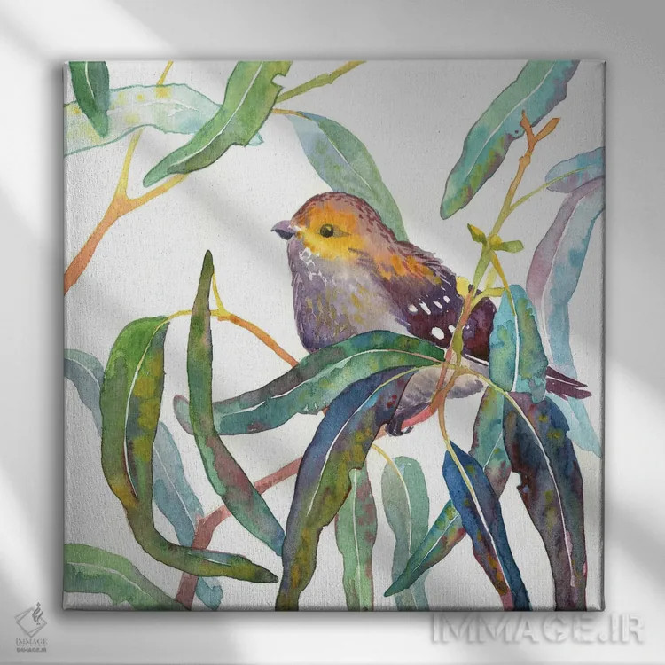 تابلو پرندهٔ فردالوت چهلخال روی شاخهٔ اکالیپتوس اثر اکاترینا پریسیچ - نمای روبهرو روی دیوار