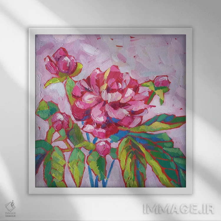 تابلو گل صدتومانی صورتی اثر اکاترینا پریسیچ - نمای قابدار سفید