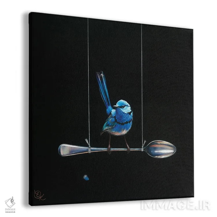 تابلو پرنده پری سرخوش روی قاشق (گونه پریآبی استرالیا) اثر النا کولوتوشا - نمای پرسپکتیو محصول