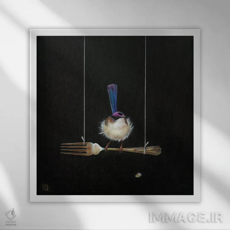 تابلو پرنده پری با تاج بنفش روی چنگال (گونه پریآبی استرالیا) اثر النا کولوتوشا - نمای قابدار سفید