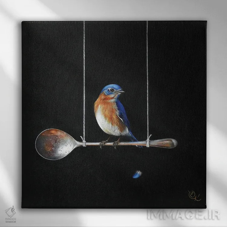 تابلو پرنده روی قاشق اثر النا کولوتوشا - نمای روبهرو روی دیوار