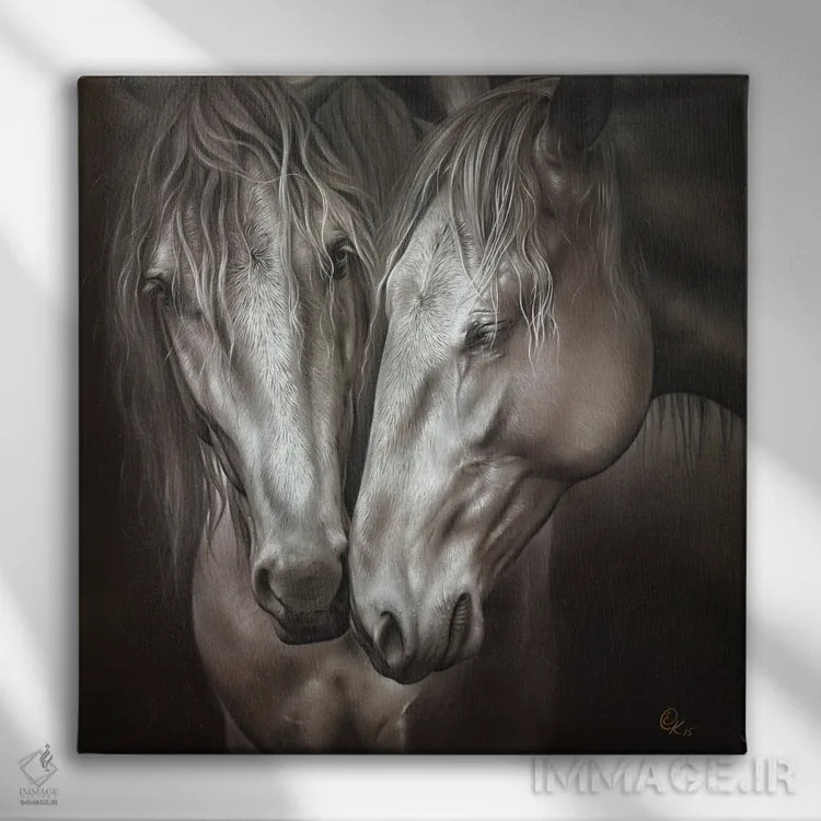 تابلو جفت لوزیتانو (نوعی اسب پرتغالی) اثر النا کولوتوشا - نمای روبهرو روی دیوار