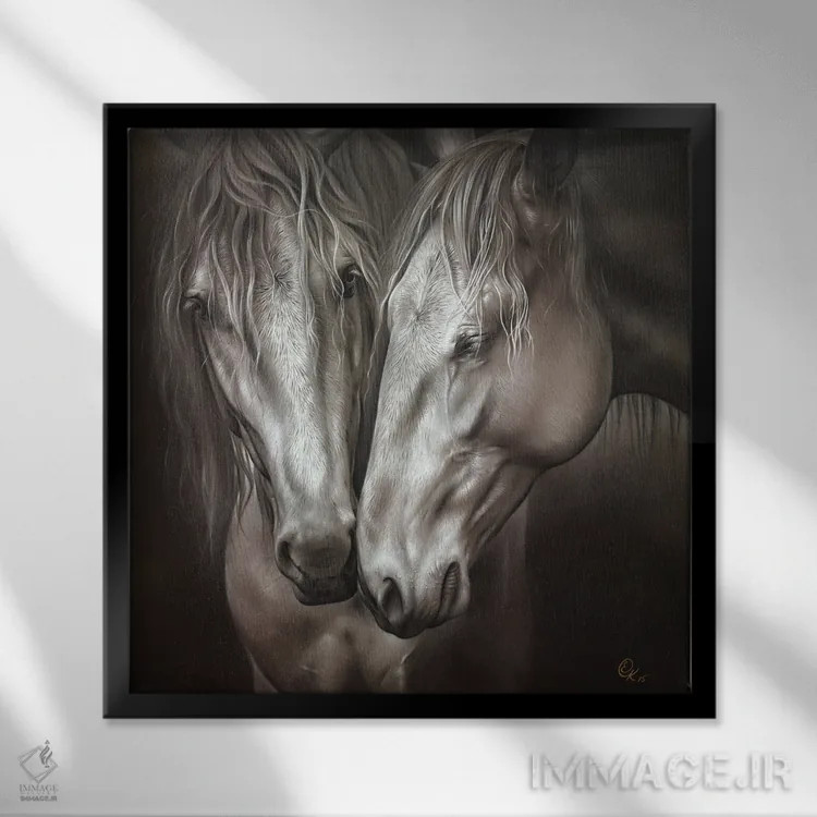 تابلو جفت لوزیتانو (نوعی اسب پرتغالی) اثر النا کولوتوشا - نمای قابدار مشکی