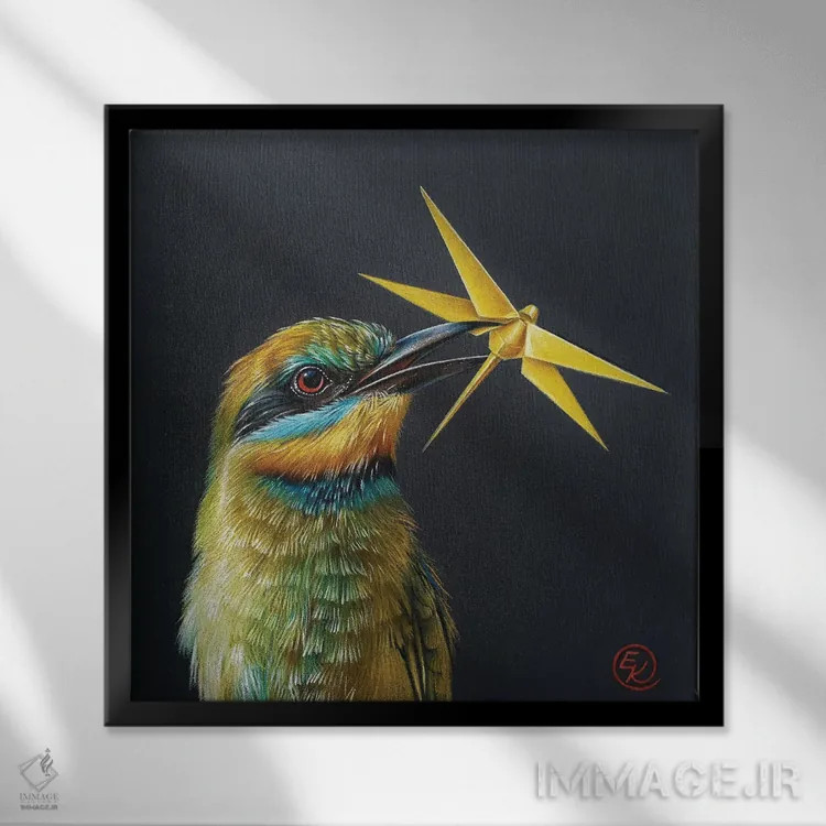 تابلو شکار (زنبورخوار رنگینکمان) اثر النا کولوتوشا - نمای قابدار مشکی