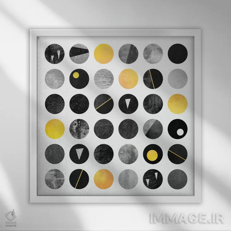 تابلو نقطههای زرد و مشکی اثر الیزابت فردریکسون - نمای قابدار سفید
