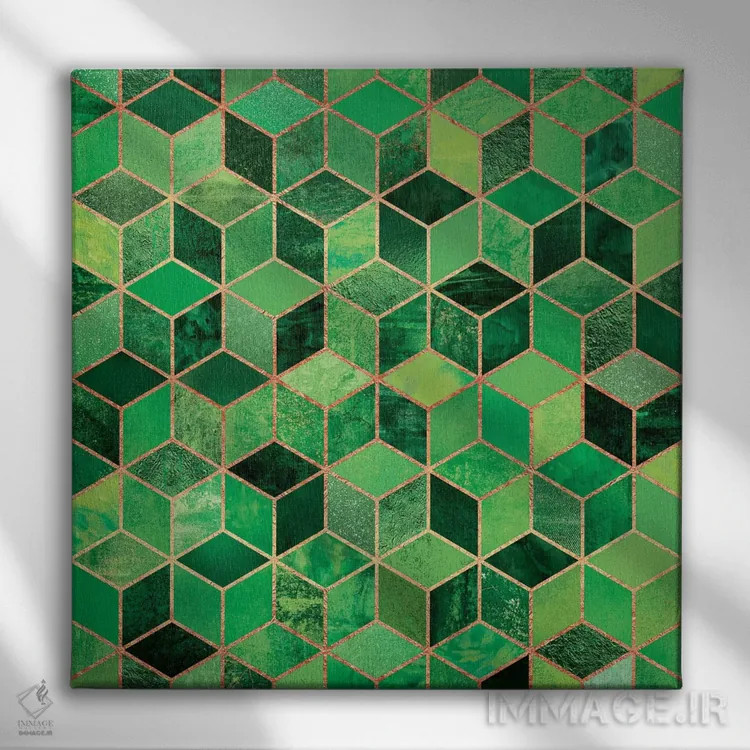 تابلو مکعبهای سبز اثر الیزابت فردریکسون - نمای روبهرو روی دیوار