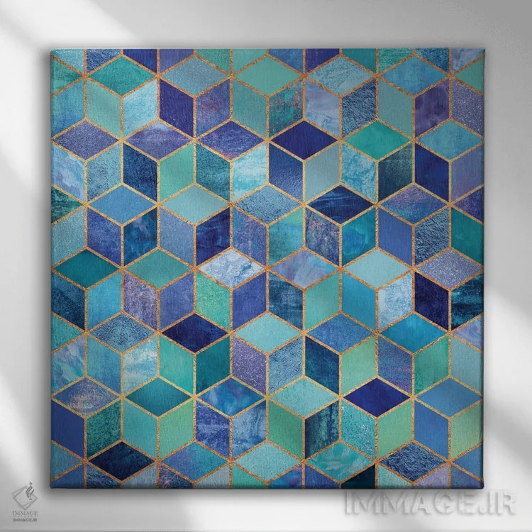 تابلو مکعبهای آبی اثر الیزابت فردریکسون - نمای روبهرو روی دیوار