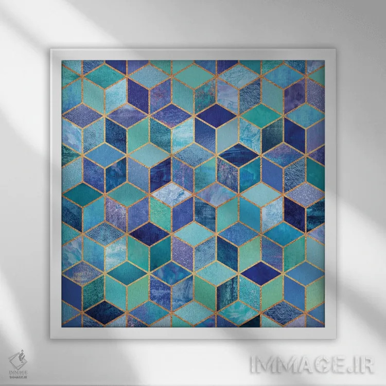 تابلو مکعبهای آبی اثر الیزابت فردریکسون - نمای قابدار سفید