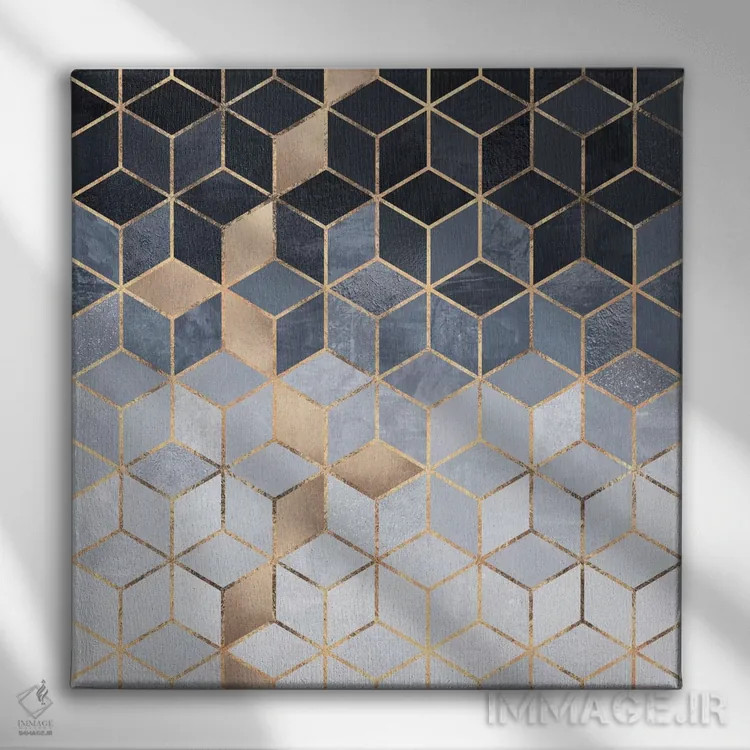 تابلو مکعبهای آبی ملایم اثر الیزابت فردریکسون - نمای روبهرو روی دیوار