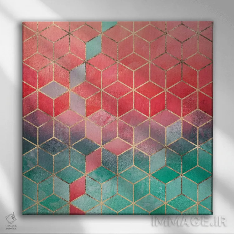 تابلو مکعبهای رز و فیروزهای اثر الیزابت فردریکسون - نمای روبهرو روی دیوار