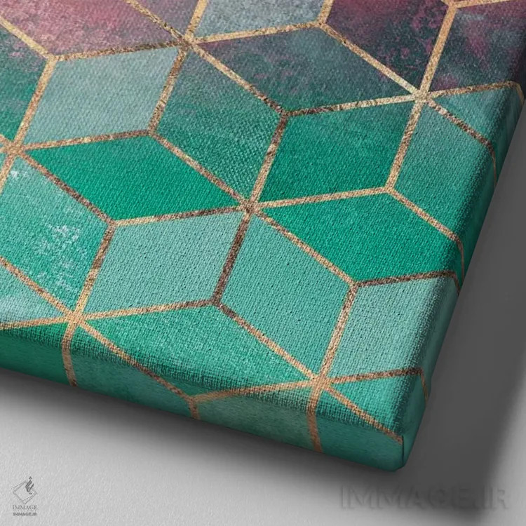 تابلو مکعبهای رز و فیروزهای اثر الیزابت فردریکسون - نمای نزدیک بافت بوم