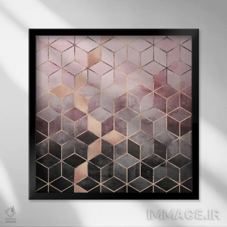 تابلو مکعبهای صورتی و خاکستری اثر الیزابت فردریکسون - نمای قابدار مشکی