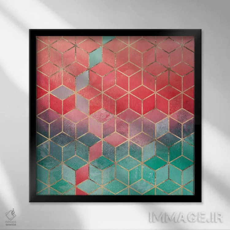 تابلو مکعبهای رز و فیروزهای اثر الیزابت فردریکسون - نمای قابدار مشکی