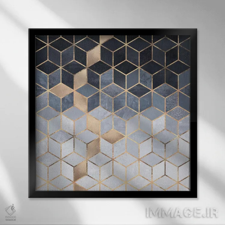 تابلو مکعبهای آبی ملایم اثر الیزابت فردریکسون - نمای قابدار مشکی