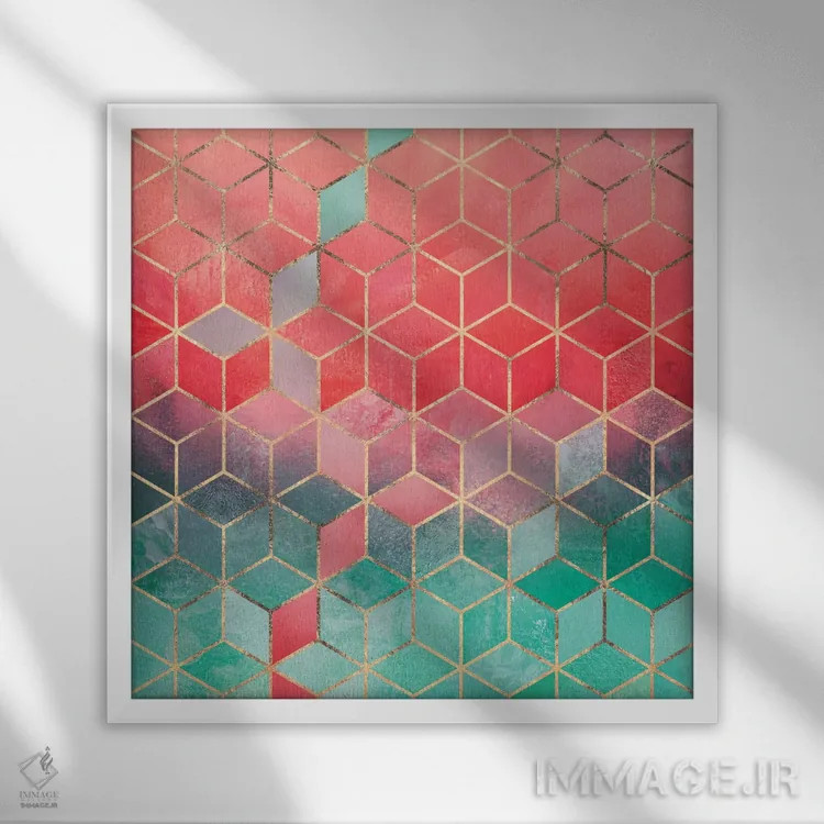 تابلو مکعبهای رز و فیروزهای اثر الیزابت فردریکسون - نمای قابدار سفید