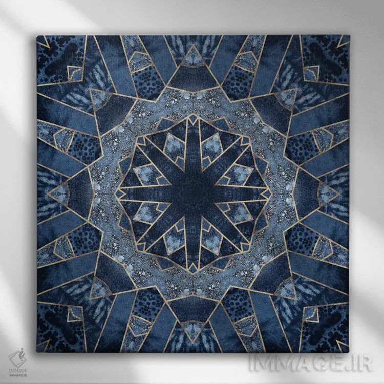 تابلو ماندلای هندسی آبی اثر الیزابت فردریکسون - نمای روبهرو روی دیوار