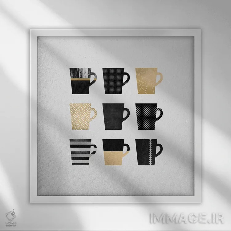 تابلو لیوانهای قهوه اثر الیزابت فردریکسون - نمای قابدار سفید