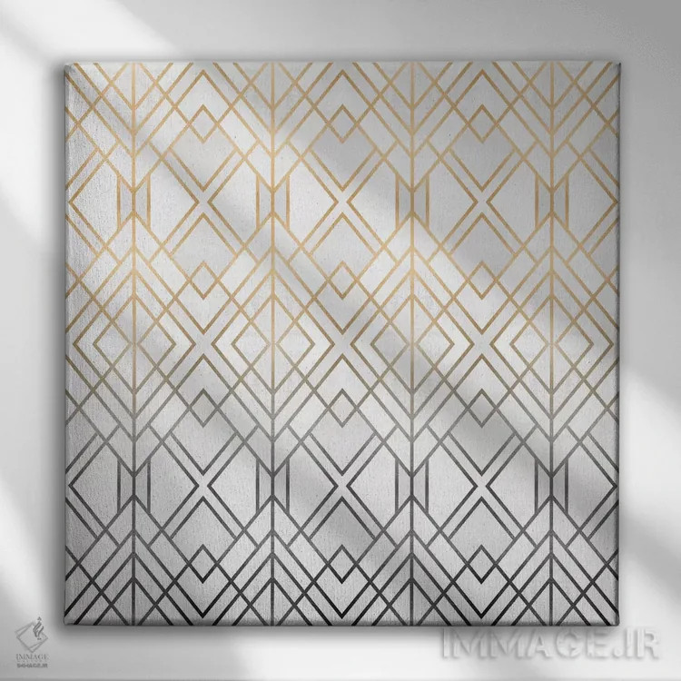 تابلو طرح هندسی طلایی و خاکستری اثر الیزابت فردریکسون - نمای روبهرو روی دیوار