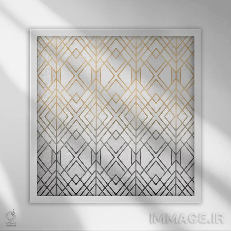 تابلو طرح هندسی طلایی و خاکستری اثر الیزابت فردریکسون - نمای قابدار سفید