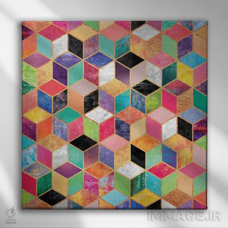 تابلو مکعبهای رنگارنگ اثر الیزابت فردریکسون - نمای روبهرو روی دیوار