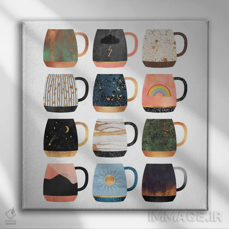 تابلو مجموعه فنجانهای قهوه II اثر الیزابت فردریکسون - نمای روبهرو روی دیوار