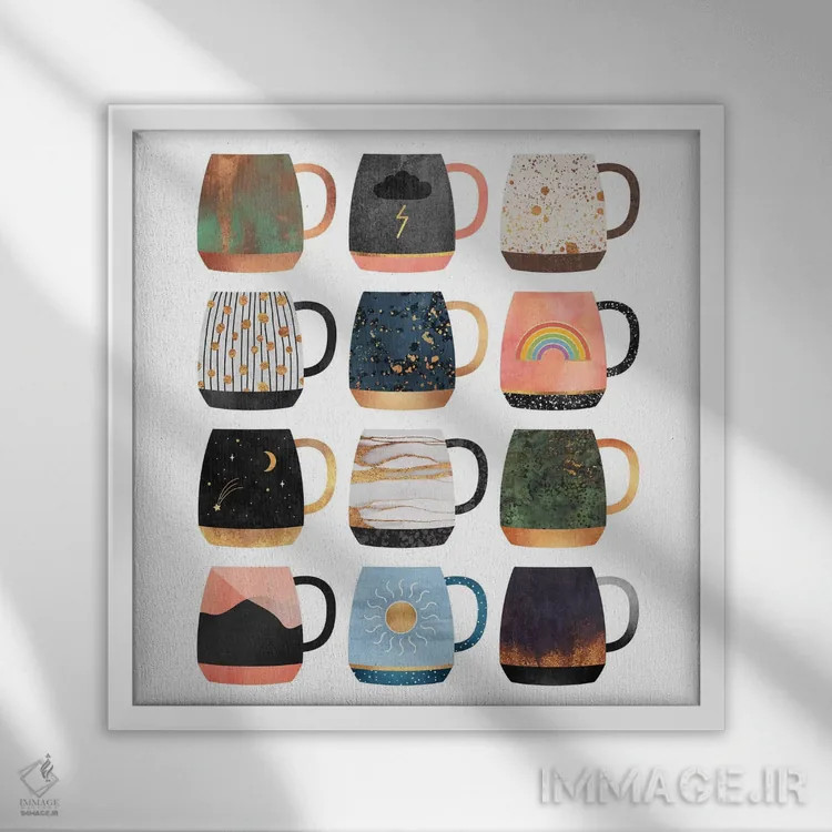 تابلو مجموعه فنجانهای قهوه II اثر الیزابت فردریکسون - نمای قابدار سفید