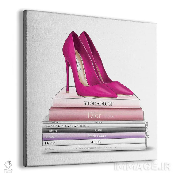 تابلو کفشهای صورتی پررنگ و کتابها اثر الزا فوچه - نمای پرسپکتیو محصول