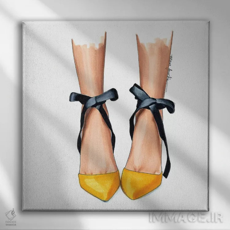 تابلو "کفش پاشنهبلند سیاه و زرد" اثر الزا فوچه - نمای روبهرو روی دیوار