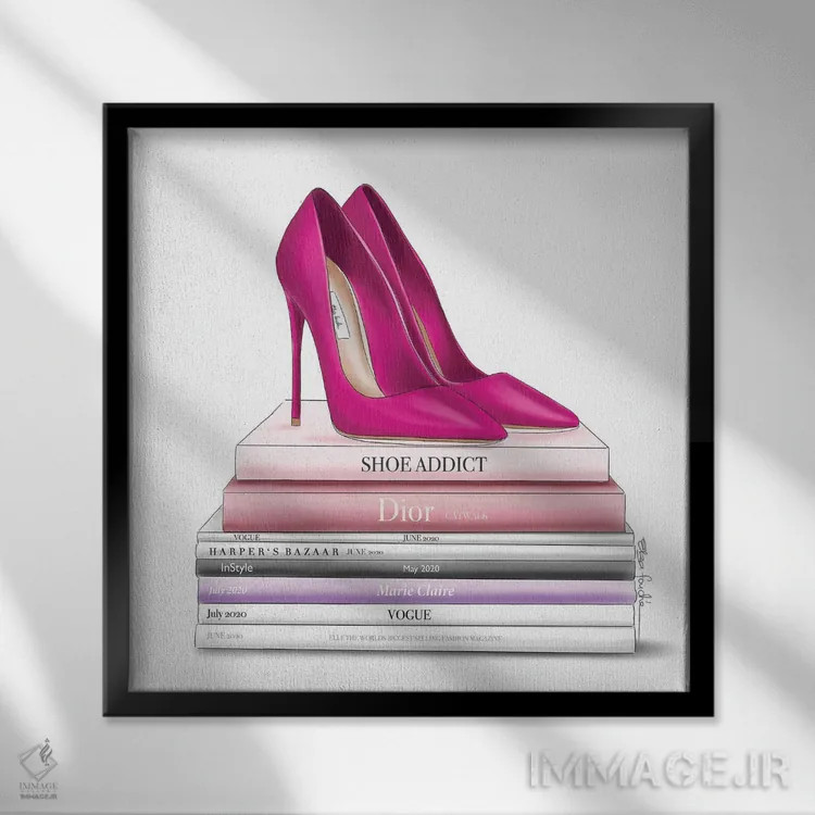تابلو کفشهای صورتی پررنگ و کتابها اثر الزا فوچه - نمای قابدار مشکی