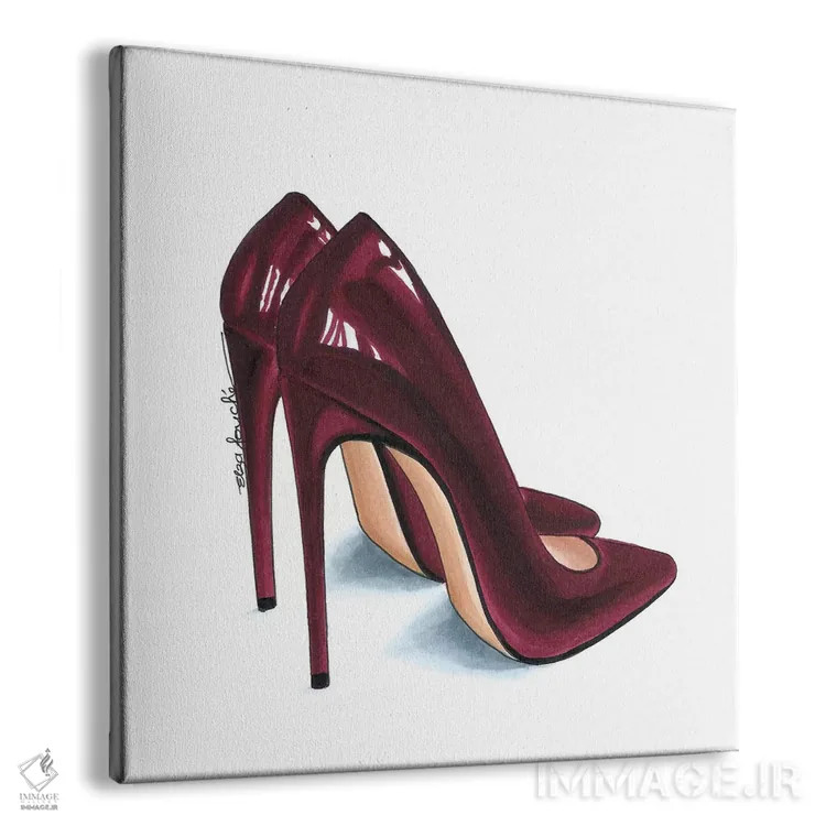 تابلو کفش پاشنهدار زرشکی اثر الزا فوچه - نمای پرسپکتیو محصول