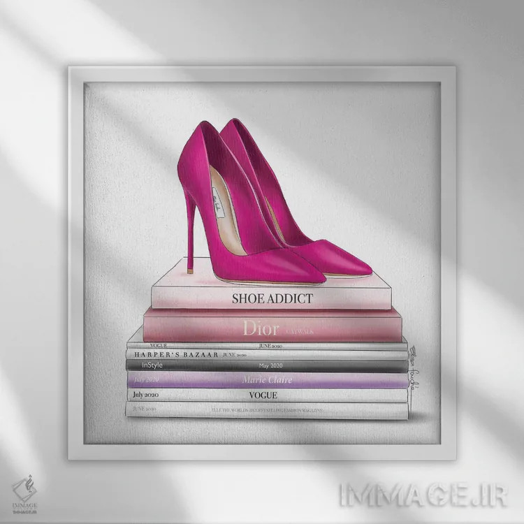 تابلو کفشهای صورتی پررنگ و کتابها اثر الزا فوچه - نمای قابدار سفید