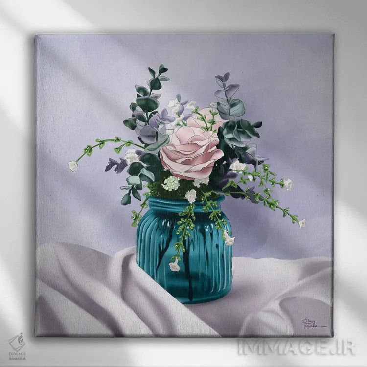 تابلو گلها در شیشه آبی اثر الزا فوچه - نمای روبهرو روی دیوار