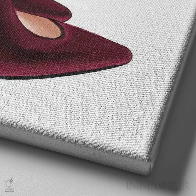 تابلو کفش پاشنهدار زرشکی اثر الزا فوچه - نمای نزدیک بافت بوم