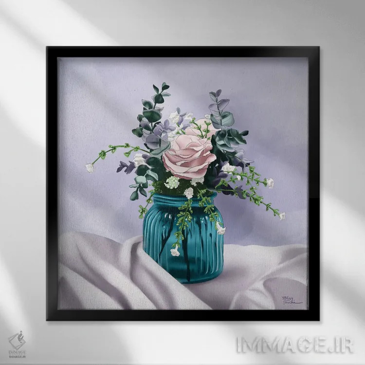 تابلو گلها در شیشه آبی اثر الزا فوچه - نمای قابدار مشکی