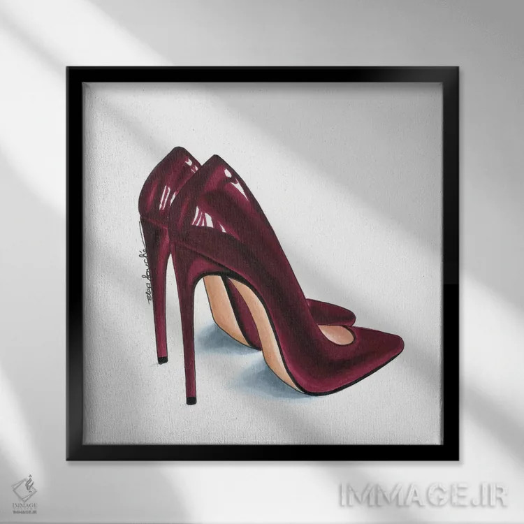 تابلو کفش پاشنهدار زرشکی اثر الزا فوچه - نمای قابدار مشکی