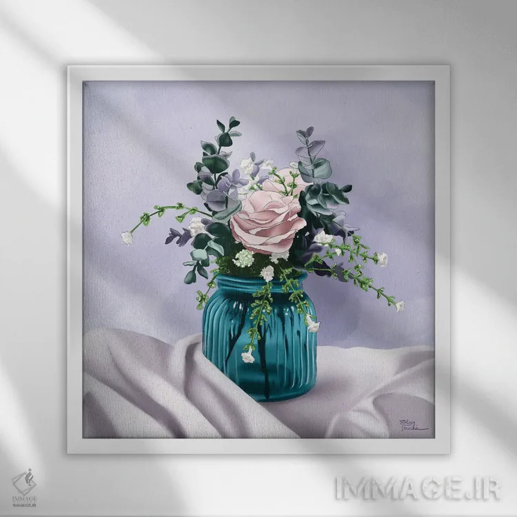 تابلو گلها در شیشه آبی اثر الزا فوچه - نمای قابدار سفید